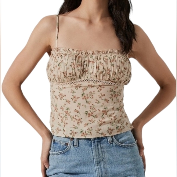 ASTR The Label Women's Floral Pleated Cotton Cami Taupe Pink Size S - Picture 1 of 12